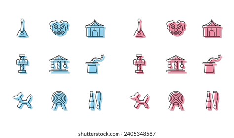 Set line Balloon dog, Target, Balalaika, Bowling pin, Attraction carousel, Magician hat,  and Clown head icon. Vector