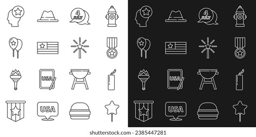 Set line Balloon, Dynamite bomb, Medal with star, USA Independence day, American flag, Balloons, Head and Firework icon. Vector