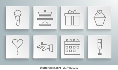 Set line Balloon in form of heart, Cake plate, Wedding rings hand, Calendar, Glass champagne, Gift box, cake with and Microphone icon. Vector