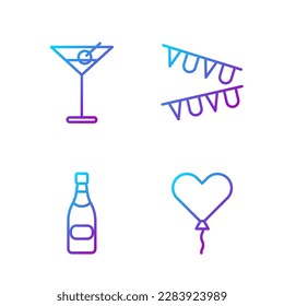Set line Balloon in form of heart, Champagne bottle, Martini glass and Carnival garland with flags. Gradient color icons. Vector