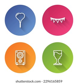 Set line Balloon in form of heart, Carnival garland with flags, Stereo speaker and Wine glass. Color circle button. Vector