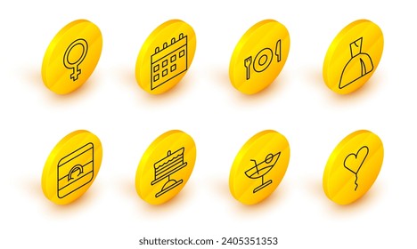 Set line Balloon in form of heart, Cocktail, Cake plate, Wedding rings, Woman dress, Plate, fork and knife, Calendar and Female gender symbol icon. Vector