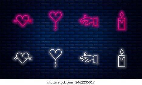 Set line Balloon in form of heart, Wedding rings hand, Amour with arrow and Burning candle. Glowing neon icon on brick wall. Vector