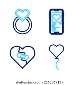 Set line Balloon in form of heart, Healed broken, Mobile with and Wedding rings icon. Vector