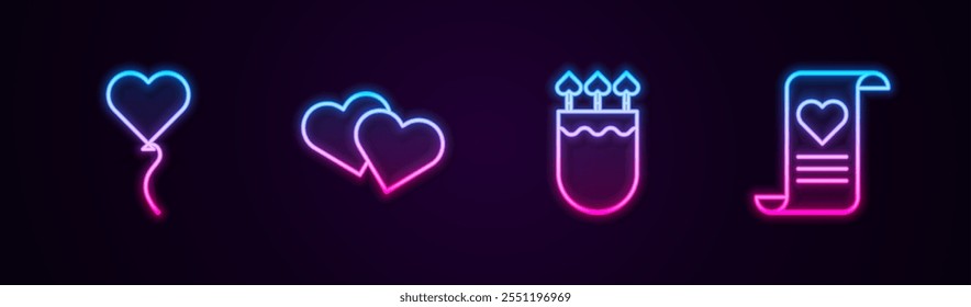 Globo en forma de corazón, corazón, carcaj y flechas con sobre y San Valentín. Icono de neón brillante. Vector