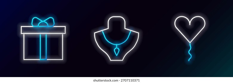 Set línea Globo en forma de corazón, caja de regalo y collar icono de maniquí. Brillante neón. Vector