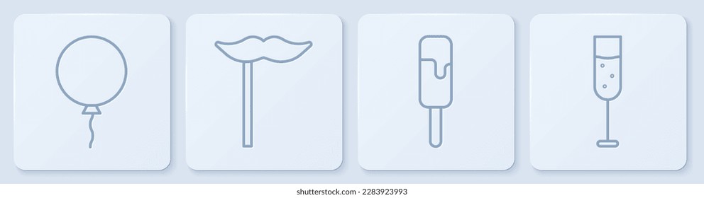 Set line Balloon with ribbon, Ice cream, Paper mustache on stick and Glass of champagne. White square button. Vector