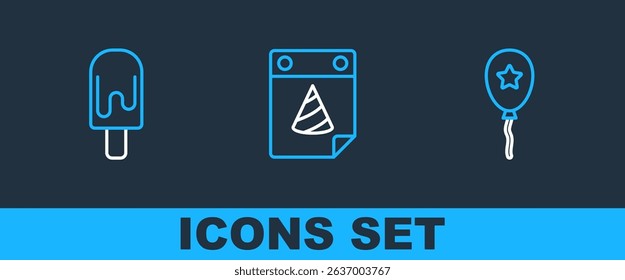 Set line Balloon with ribbon, Ice cream and Calendar party icon. Vector