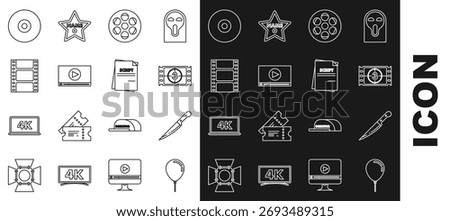 Set line Balloon with ribbon, Knife, Play Video, Film reel, Online play video, CD or DVD disk and Scenario icon. Vector