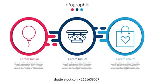 Definir linha Balão com fita, Punch misto na tigela e Saco de compras com coração. Modelo de infográfico comercial. Vetor