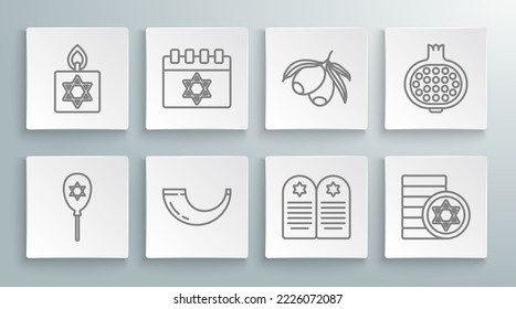 Setzen Sie die Linie Ballon mit dem Stern von David, jüdischer Kalender, Traditionelles Widder Horn, Shofar, Tombstone, Münze, Olivenzweig, Pomegranat und Burning Kerze Symbol. Vektorgrafik