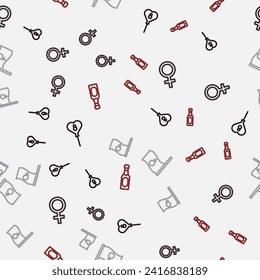 Fijar la línea Globos con 8 de marzo, Símbolo de género femenino, activista feminista y botella de champán en un patrón impecable. Vector