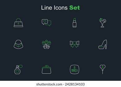 Set line Balloons with 8 March, Handbag, Perfume, Woman shoe, Gift bow, Flower tulip and  icon. Vector