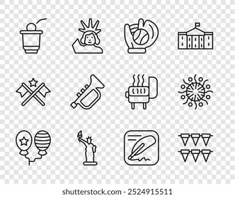 Set line Balloons, Carnival garland with flags, Baseball glove ball, Statue of Liberty, Beer pong game, Trumpet, Declaration independence and Firework icon. Vector