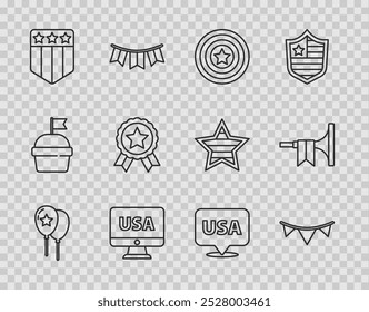 Set line Balloons, Carnival garland with flags, American star shield, USA monitor, Shield stars, Medal, Independence day and Trumpet icon. Vector