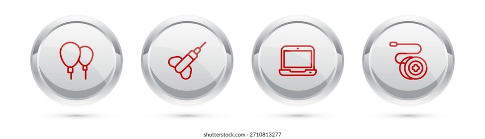 Set line Balloons, Dart arrow, Laptop and Yoyo toy. Silver circle button. Vector