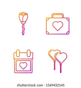 Set line Balloons in form of heart with ribbon, Calendar with heart, Flower rose and Suitcase for travel with heart. Gradient color icons. Vector