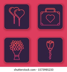 Set line Balloons in form of heart with ribbon, Bouquet of flowers, Suitcase for travel with heart and Flower rose. Blue square button. Vector