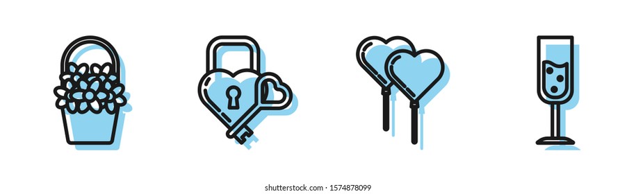 Set line Balloons in form of heart with ribbon, Flowers in a basket, Castle in the shape of a heart and key and Glass of champagne icon. Vector
