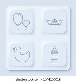 Set line Balloons in form of heart, Folded paper boat, Rubber duck and Baby bottle. White square button. Vector