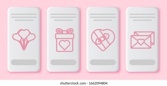 Set line Balloons in form of heart, Gift box with heart, Candy in heart shaped box and Envelope with Valentine heart. White rectangle button. Vector