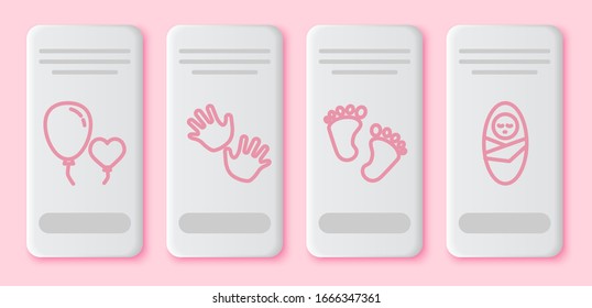 Set line Balloons in form of heart, Baby hands print, Baby footprints and Newborn baby infant swaddled. White rectangle button. Vector