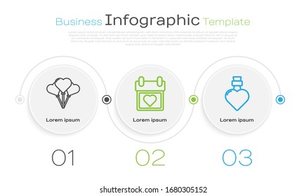 Fije la línea de los globos en forma de corazón, Calendario con corazón y botella con poción de amor. Plantilla de infografía empresarial. Vector
