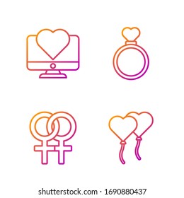 Fije la línea Globos en forma de corazón, símbolo de género femenino, monitor de computadora con el corazón y anillos de boda. Iconos de color degradado. Vector