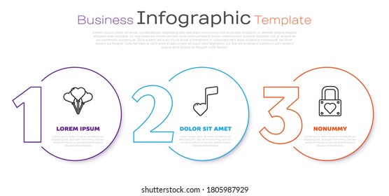 Set line Balloons in form of heart, Music note, tone with hearts and Lock and heart. Business infographic template. Vector