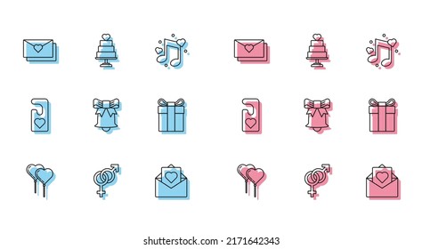 Set line Balloons in form of heart with ribbon, Gender, Envelope Valentine, Ringing bell, Gift box, Please do not disturb and Wedding cake icon. Vector