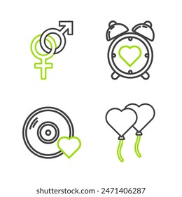 Set line Balloons in form of heart, Romantic music, Heart the center alarm clock and Gender icon. Vector