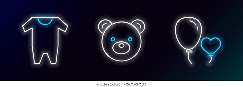 Conjunto de línea Globos en forma de corazón, ropa de bebé y peluche oso peluche icono de juguete. Neón brillante. Vector