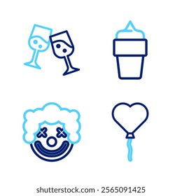 Set line Balloons in form of heart, Clown head, Ice cream waffle cone and Glass champagne icon. Vector