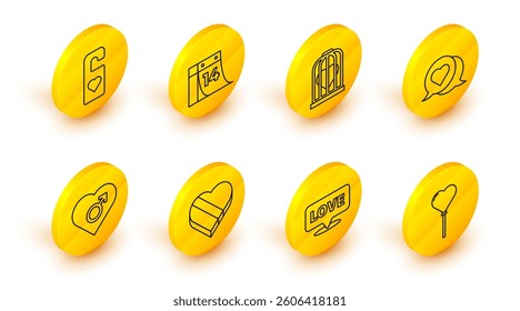 Set line Balloons in form of heart, Speech bubble with text love, Candy shaped box, Heart male gender, speech, the bird cage, Calendar February 14 and Please do not disturb icon. Vector