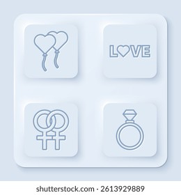 Set line Balloons in form of heart, Love text, Female gender symbol and Wedding rings. White square button. Vector