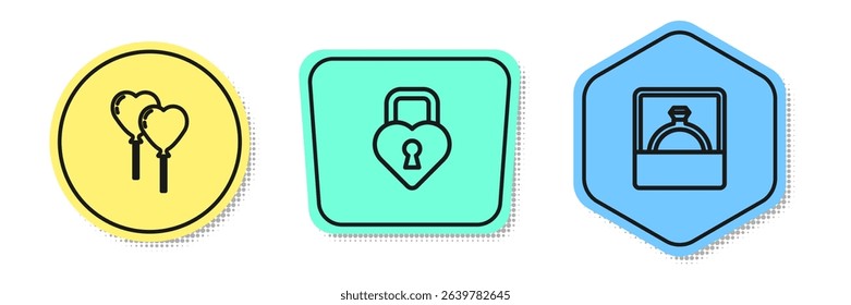 Set line Balloons in form of heart, Castle the shape and Diamond engagement ring. Colored shapes. Vector