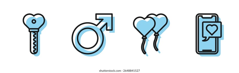 Globos en forma de corazón, llave en forma de corazón, símbolo de género masculino y teléfono inteligente con icono de burbuja de discurso del corazón. Vector