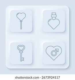 Set line Balloons in form of heart, Bottle with love potion, Key in heart shape and Heart with male gender. White square button. Vector