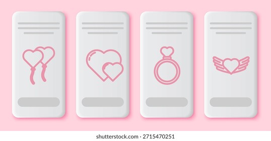 Set line Globos en forma de corazón, Corazón, Anillos de boda y Corazón con alas. Botón rectángulo blanco. Vector
