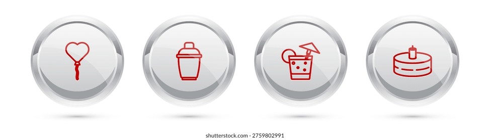 Set line Balloons in form of heart, Cocktail shaker,  and Cake with burning candles. Silver circle button. Vector