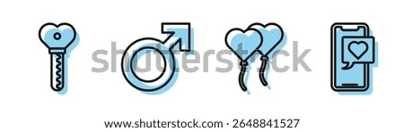 Set line Balloons in form of heart, Key in heart shape, Male gender symbol and Smartphone with heart speech bubble icon. Vector