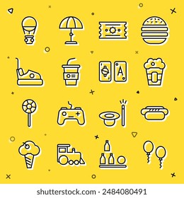 Set line Balloons, Hotdog, Popcorn in box, Ticket, Paper glass with water, Bumper car, air balloon and Tarot cards icon. Vector