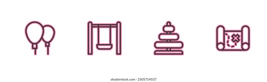 Set line Balloons, Pyramid toy, Swing and Pirate treasure map icon. Vector