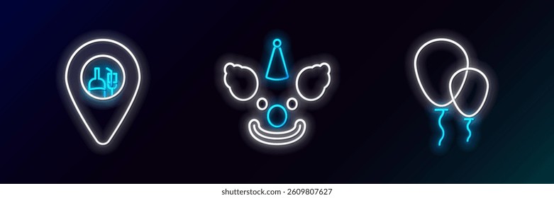 Set line Balloons with ribbon, Alcohol or beer bar location and Clown head icon. Glowing neon. Vector