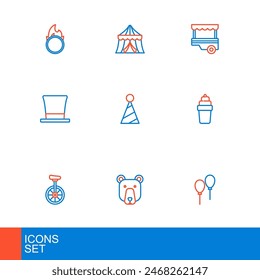 Set line Balloons with ribbon, Bear head, Unicycle, Ice cream in waffle, Cylinder hat, Party, Fast street food cart and Circus tent icon. Vector