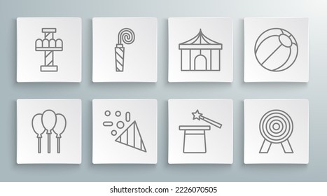 Set line Balloons with ribbon, Birthday party horn, Festive confetti, Magic hat and wand, Target, Circus tent, Beach ball and Attraction carousel icon. Vector