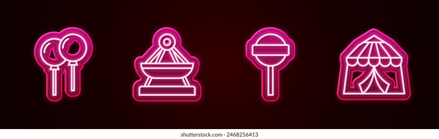 Set line Balloons with ribbon, Boat swing, Lollipop and Circus tent. Glowing neon icon. Vector