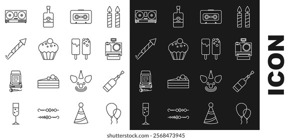 Set line Balloons with ribbon, Champagne bottle, Photo camera, Retro audio cassette tape, Muffin, Firework rocket, DJ remote for playing and mixing music and Ice cream icon. Vector