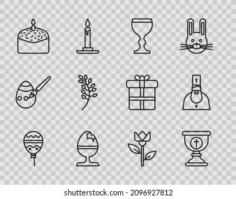 Set line Balloons with ribbon, Christian chalice, Wine glass, Chicken egg stand, Easter cake candle, Willow leaf, Flower tulip and Priest icon. Vector