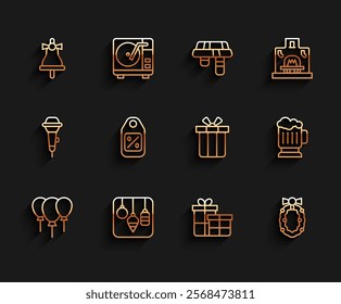 Set line Balloons with ribbon, Christmas lights, Merry ringing bell, Gift box, wreath, Price tag Sale, Wooden beer mug and  icon. Vector